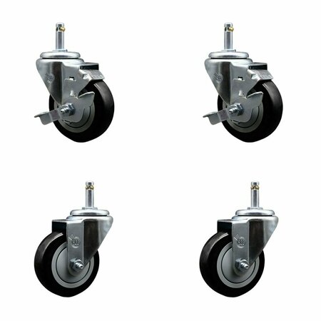 SERVICE CASTER 3.5'' Black Poly Wheel Swivel 7/16'' Grip Ring Stem Caster Set 2 Brakes, 4PK GR20S3514-PPUB-BLK-TLB-716138-2-S-2